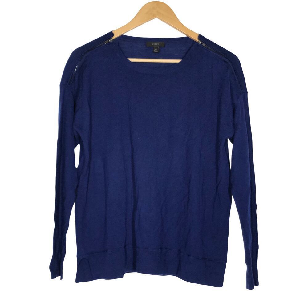 J.  Crew Merino Wool Sweater Crewneck Zip Shoulder Top Navy  M